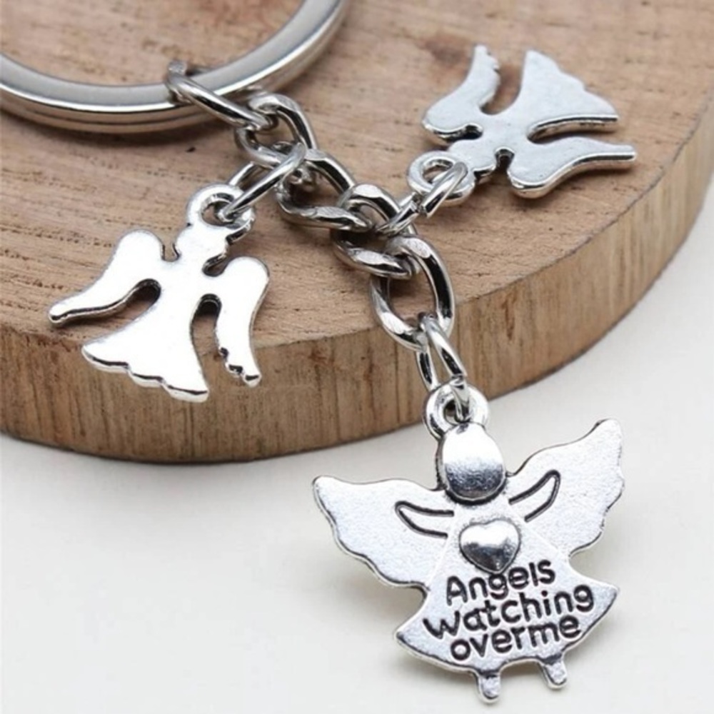 3 Angel Charm Keychain Silver Plated Angels Watching Over Me Wings Heart - Picture 1 of 6